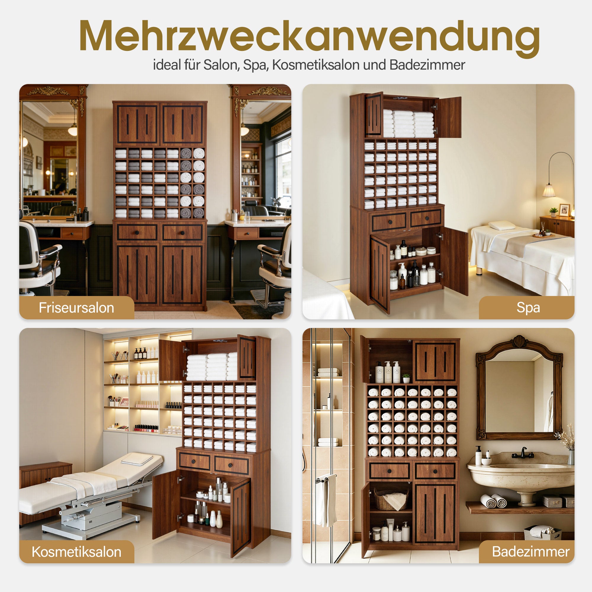 Meuble de rangement BarberPub avec 2 tiroirs, 42 compartiments ouverts et 4 armoires, meuble de salle de bain noir, armoire haute en bois pour salon de coiffure, salon de beauté R6194/R6179
