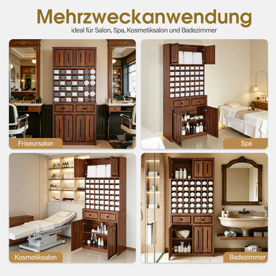 Armadio per asciugamani BarberPub con 2 cassetti, 42 vani aperti e 4 scomparti chiusi, armadietto da bagno nero, colonna portaoggetti in legno per saloni di parrucchieri e di bellezza R6194/R6179