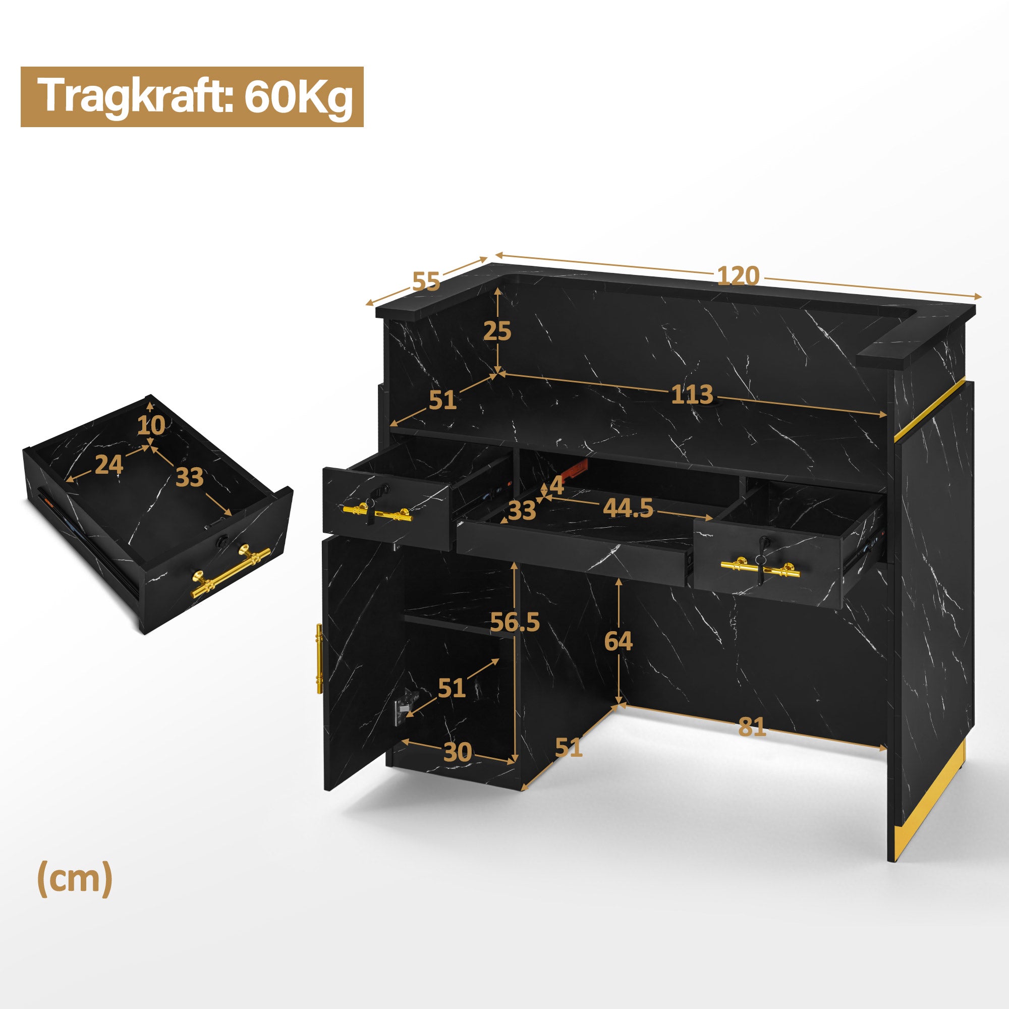 BarberPub Empfangstheke mit 3 Schubladen & 1 Schrank, Empfangstisch mit Beleuchtung, Empfangstresen Abschließbar, Rezeptionstheke Kassentheke für Friseursalon, 55x120x107 cm, R9759
