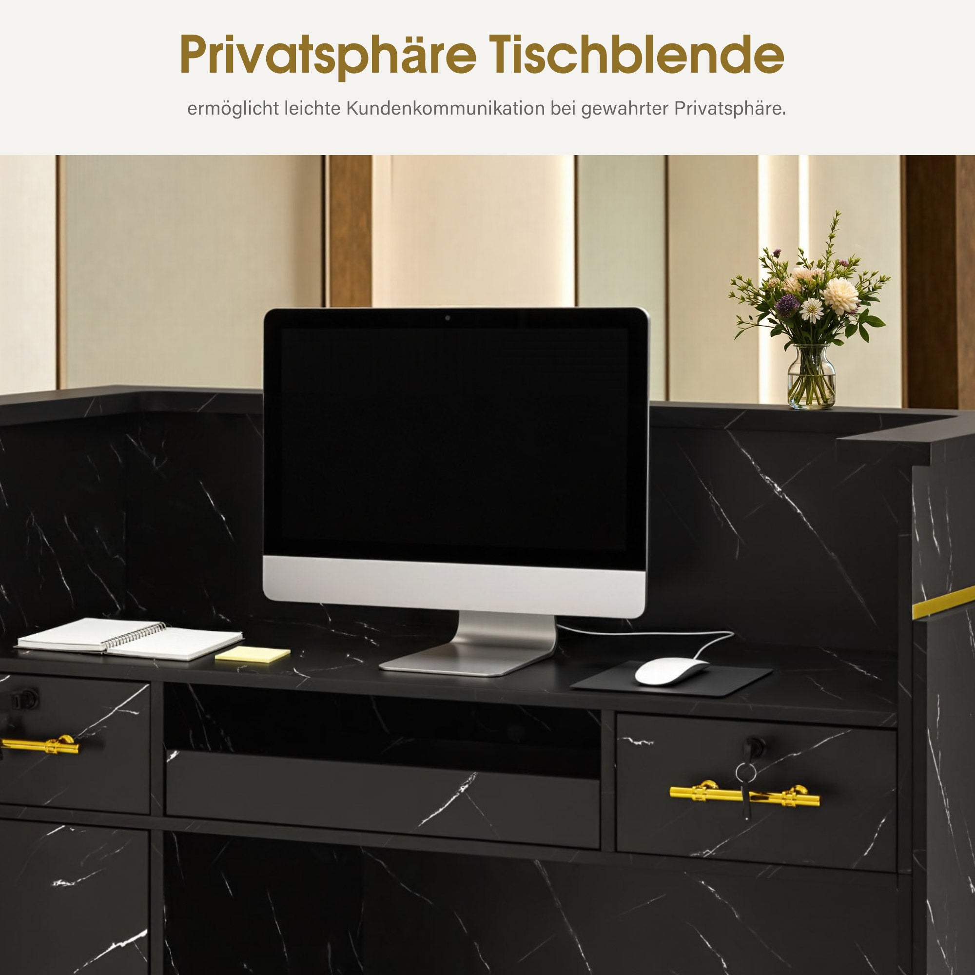 BarberPub Empfangstheke mit 3 Schubladen & 1 Schrank, Empfangstisch mit Beleuchtung, Empfangstresen Abschließbar, Rezeptionstheke Kassentheke für Friseursalon, 55x120x107 cm, R9759