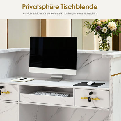 BarberPub Empfangstheke mit 3 Schubladen & 1 Schrank, Empfangstisch mit Beleuchtung, Empfangstresen Abschließbar, Rezeptionstheke Kassentheke für Friseursalon, 55x120x107 cm, R9759