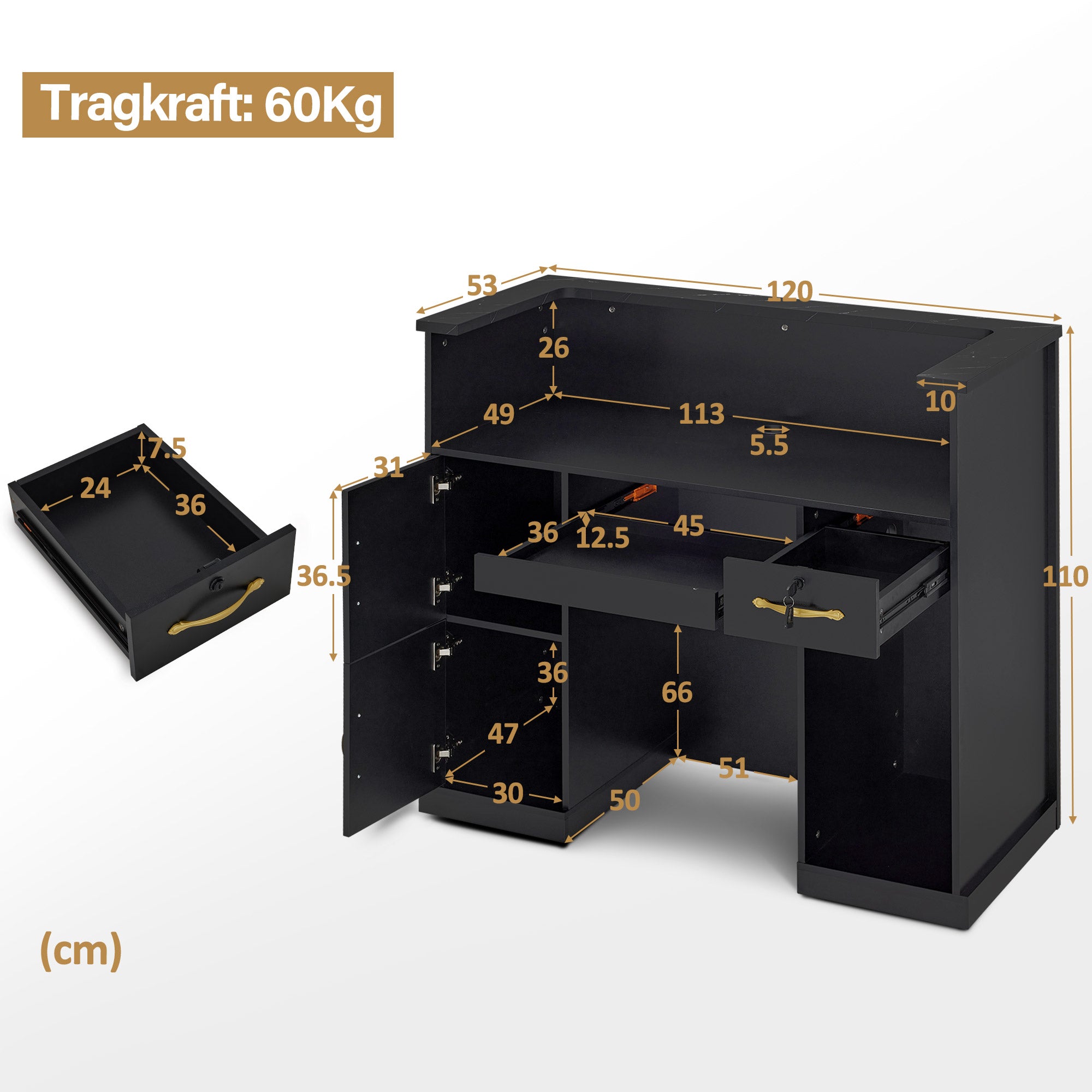 BarberPub Reception Desk with 2 Drawers & 3 Cabinets, Lockable Reception Table, Wooden Reception Counter, Reception Desk Cashier Desk for Hair Salon, 53x120x110cm, R9773 (Black-Gold)