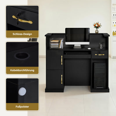Bancone reception BarberPub con 2 cassetti e 3 armadietti, tavolo reception con serratura, bancone reception in legno, tavolo da reception, bancone reception e cassa per salone di parrucchiere, 53x120x110 cm, R9773 (nero-oro)