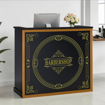 Comptoir de Réception BarberPub avec 2 Tiroirs et 3 Armoires, Bureau de Réception Verrouillable, Comptoir d'Accueil en Bois, Table de Réception Caisse pour Salon de Coiffure, 53x120x110cm, R9773 (Noir-Or)