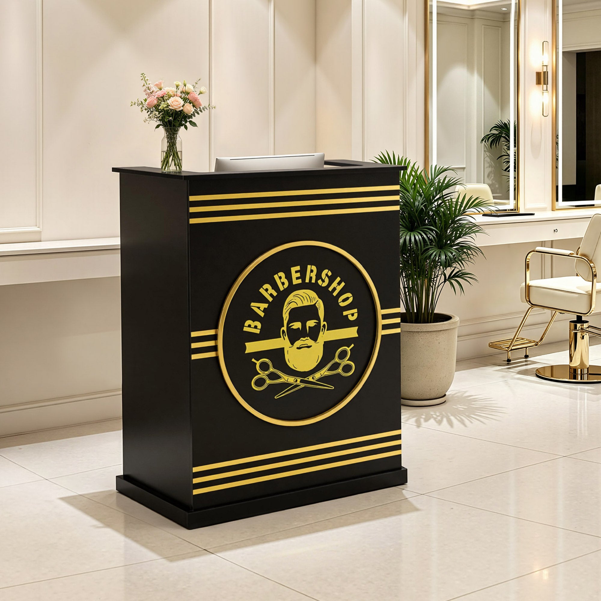 BarberPub Empfangstheke mit 1 Schublade & 1 Schrank, Empfangstisch Abschließbar, Empfangstresen Holz, Rezeptionstisch Rezeptionstheke Schmal, Kassentheke für Friseursalon, 45x80x110 cm, R9788(Schwarz)