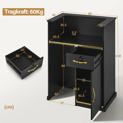 BarberPub Reception Desk with 1 Drawer & 1 Cabinet, Lockable Reception Counter, Wooden Reception Table, Narrow Reception Desk, Cashier Counter for Hair Salon, 45x80x110 cm, R9788 (Black)