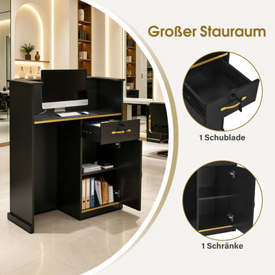 BarberPub Reception Desk with 1 Drawer & 1 Cabinet, Lockable Reception Counter, Wooden Reception Table, Narrow Reception Desk, Cashier Counter for Hair Salon, 45x80x110 cm, R9788 (Black)