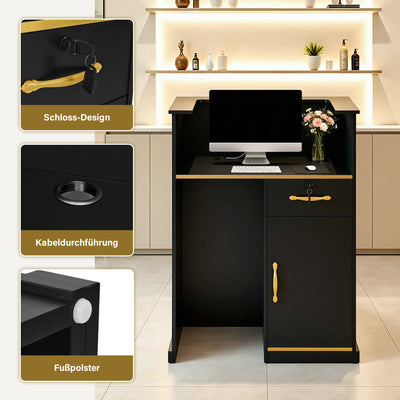 BarberPub Reception Desk with 1 Drawer & 1 Cabinet, Lockable Reception Counter, Wooden Reception Table, Narrow Reception Desk, Cashier Counter for Hair Salon, 45x80x110 cm, R9788 (Black)