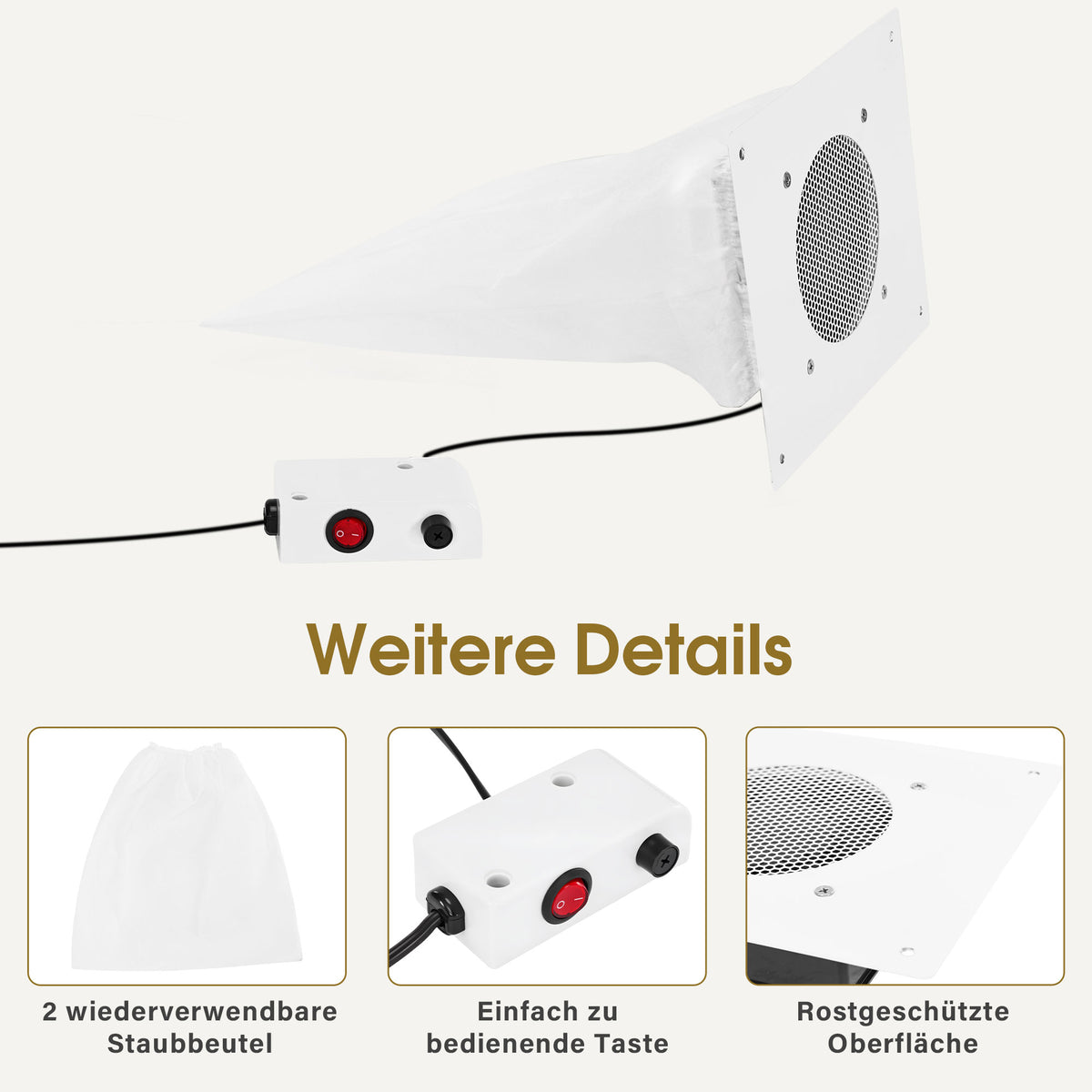 BarberPub Aspirador de polvo para uñas con 2 bolsas colectoras, extractor de polvo para uñas de 60 W, colector de polvo de uñas blanco, aspirador de uñas empotrable, colector de polvo de uñas silencioso para salón de belleza, VC01