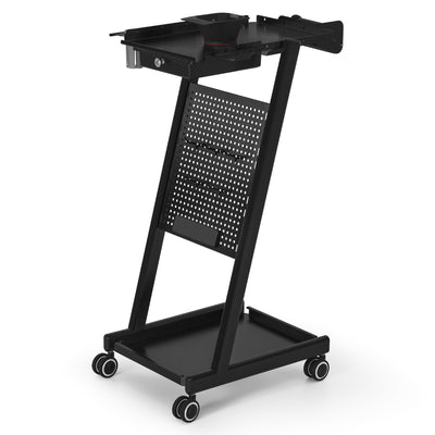 BarberPub carrello da parrucchiere con cassetto e 2 ripiani, carrello da lavoro per parrucchiere con ciotola per tinture, porta-fogli di alluminio e 5 ganci, trolley in metallo per salone di bellezza, carrello impilabile 47x39x94cm, 0085 (Nero)