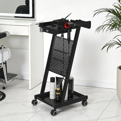 BarberPub carrello da parrucchiere con cassetto e 2 ripiani, carrello da lavoro per parrucchiere con ciotola per tinture, porta-fogli di alluminio e 5 ganci, trolley in metallo per salone di bellezza, carrello impilabile 47x39x94cm, 0085 (Nero)