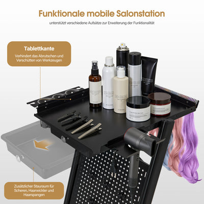 BarberPub carrello da parrucchiere con cassetto e 2 ripiani, carrello da lavoro per parrucchiere con ciotola per tinture, porta-fogli di alluminio e 5 ganci, trolley in metallo per salone di bellezza, carrello impilabile 47x39x94cm, 0085 (Nero)
