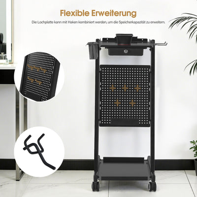 BarberPub carrello da parrucchiere con cassetto e 2 ripiani, carrello da lavoro per parrucchiere con ciotola per tinture, porta-fogli di alluminio e 5 ganci, trolley in metallo per salone di bellezza, carrello impilabile 47x39x94cm, 0085 (Nero)