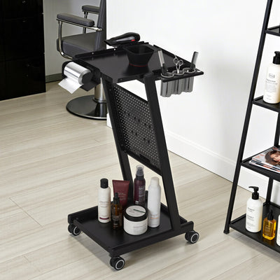 BarberPub carrello da parrucchiere con cassetto e 2 ripiani, carrello da lavoro per parrucchiere con ciotola per tinture, porta-fogli di alluminio e 5 ganci, trolley in metallo per salone di bellezza, carrello impilabile 47x39x94cm, 0085 (Nero)
