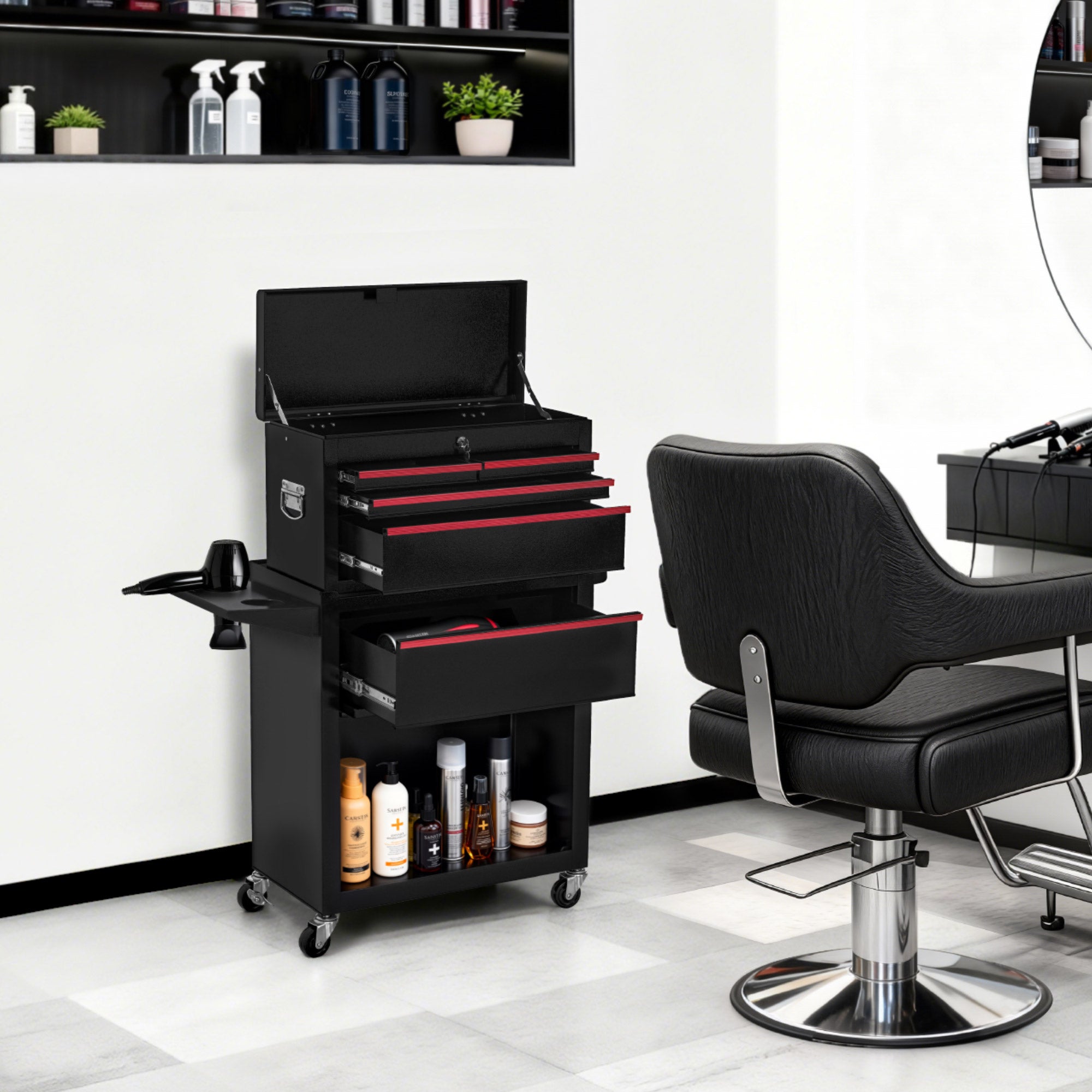 BarberPub Chariot de Coiffure 2 en 1 avec 5 Tiroirs, Placard et 6 Crochets, Chariot de Service à Roulettes, Chariot de Travail Verrouillable, Chariot de Salon de Beauté en Métal, Chariot Roulant, 33x70x108cm, 0097
