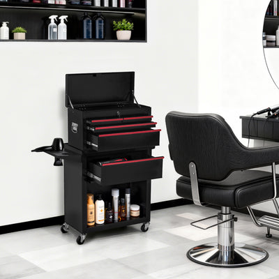 BarberPub 2 in 1: carrello da parrucchiere con 5 cassetti, armadietto e 6 ganci, carrello di servizio con ruote, carrello da lavoro per parrucchiere con serratura, trolley in metallo per salone di bellezza, carrello impilabile, 33x70x108cm, 0097