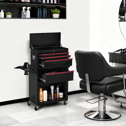 BarberPub Chariot de Coiffure 2 en 1 avec 5 Tiroirs, Placard et 6 Crochets, Chariot de Service à Roulettes, Chariot de Travail Verrouillable, Chariot de Salon de Beauté en Métal, Chariot Roulant, 33x70x108cm, 0097