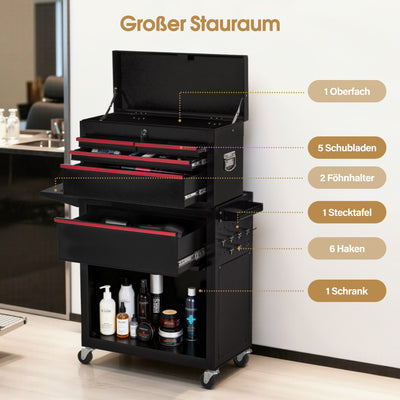 BarberPub 2 in 1: carrello da parrucchiere con 5 cassetti, armadietto e 6 ganci, carrello di servizio con ruote, carrello da lavoro per parrucchiere con serratura, trolley in metallo per salone di bellezza, carrello impilabile, 33x70x108cm, 0097