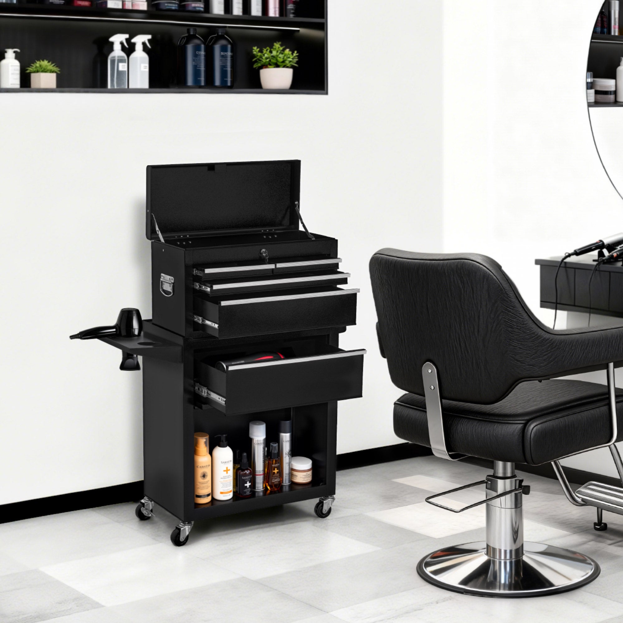 BarberPub Chariot de Coiffure 2 en 1 avec 5 Tiroirs, Placard et 6 Crochets, Chariot de Service à Roulettes, Chariot de Travail Verrouillable, Chariot de Salon de Beauté en Métal, Chariot Roulant, 33x70x108cm, 0097