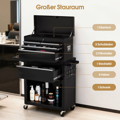 BarberPub 2 in 1: carrello da parrucchiere con 5 cassetti, armadietto e 6 ganci, carrello di servizio con ruote, carrello da lavoro per parrucchiere con serratura, trolley in metallo per salone di bellezza, carrello impilabile, 33x70x108cm, 0097