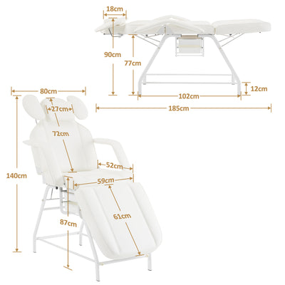 Barberpub Lettino cosmetico pieghevole, lettino da massaggio largo 80 cm, lettino per trattamenti ciglia, lettino per tatuaggi per SPA e saloni, supporto per le mani regolabile per estetisti, 185x80x90 cm 0726 (Bianco/PU)