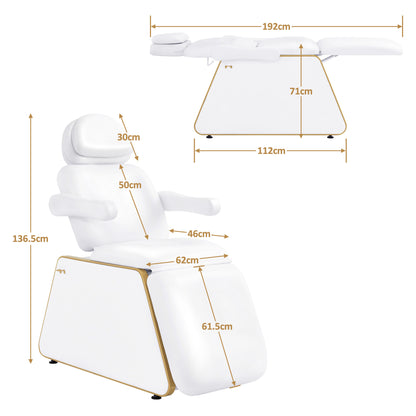 BarberPub Kosmetikliege Elektrisch mit 2 Motoren, Kopfstütze 16 cm ausziehbar, 180° Drehbare Armlehnen, Massageliege 80cm breit, Tattoo Liege für SPA Salon 0739 (Weiß/Kunstleder)