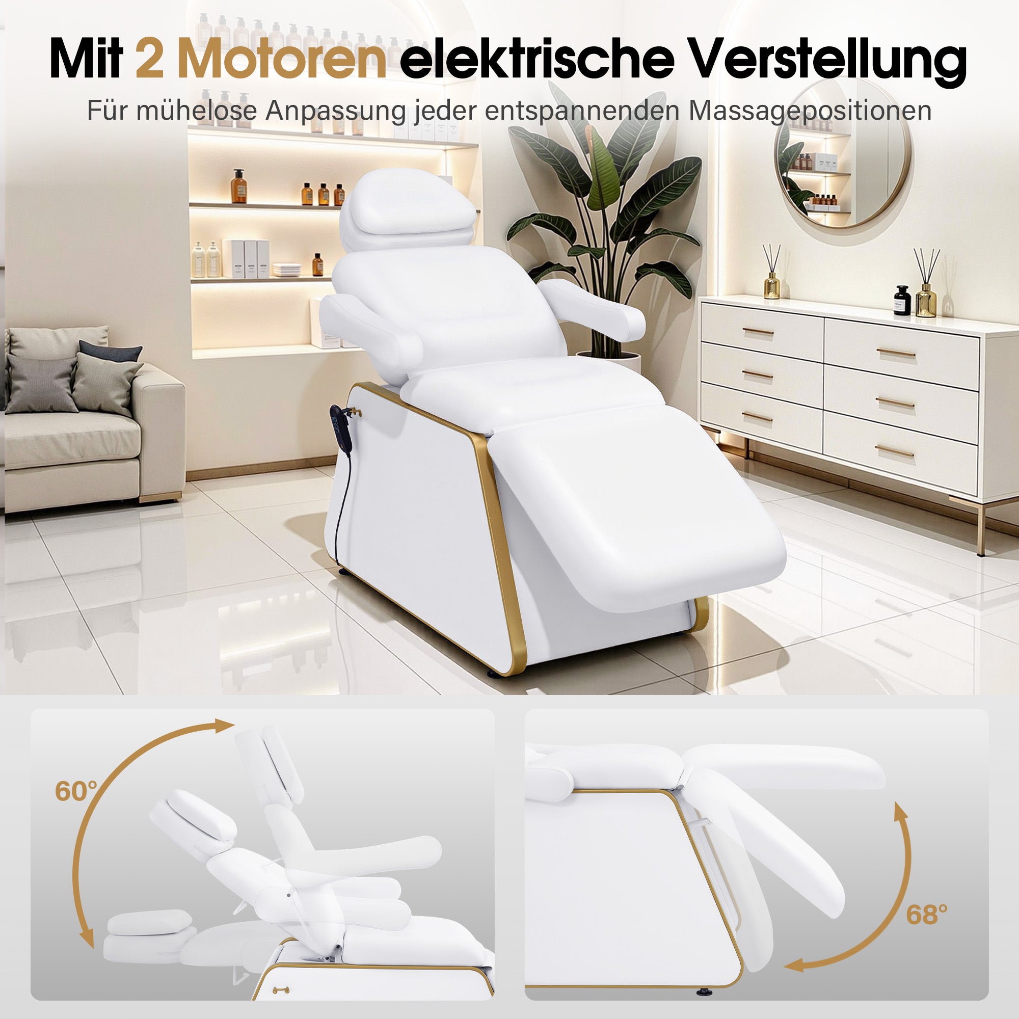 BarberPub Kosmetikliege Elektrisch mit 2 Motoren, Kopfstütze 16 cm ausziehbar, 180° Drehbare Armlehnen, Massageliege 80cm breit, Tattoo Liege für SPA Salon 0739 (Weiß/Kunstleder)