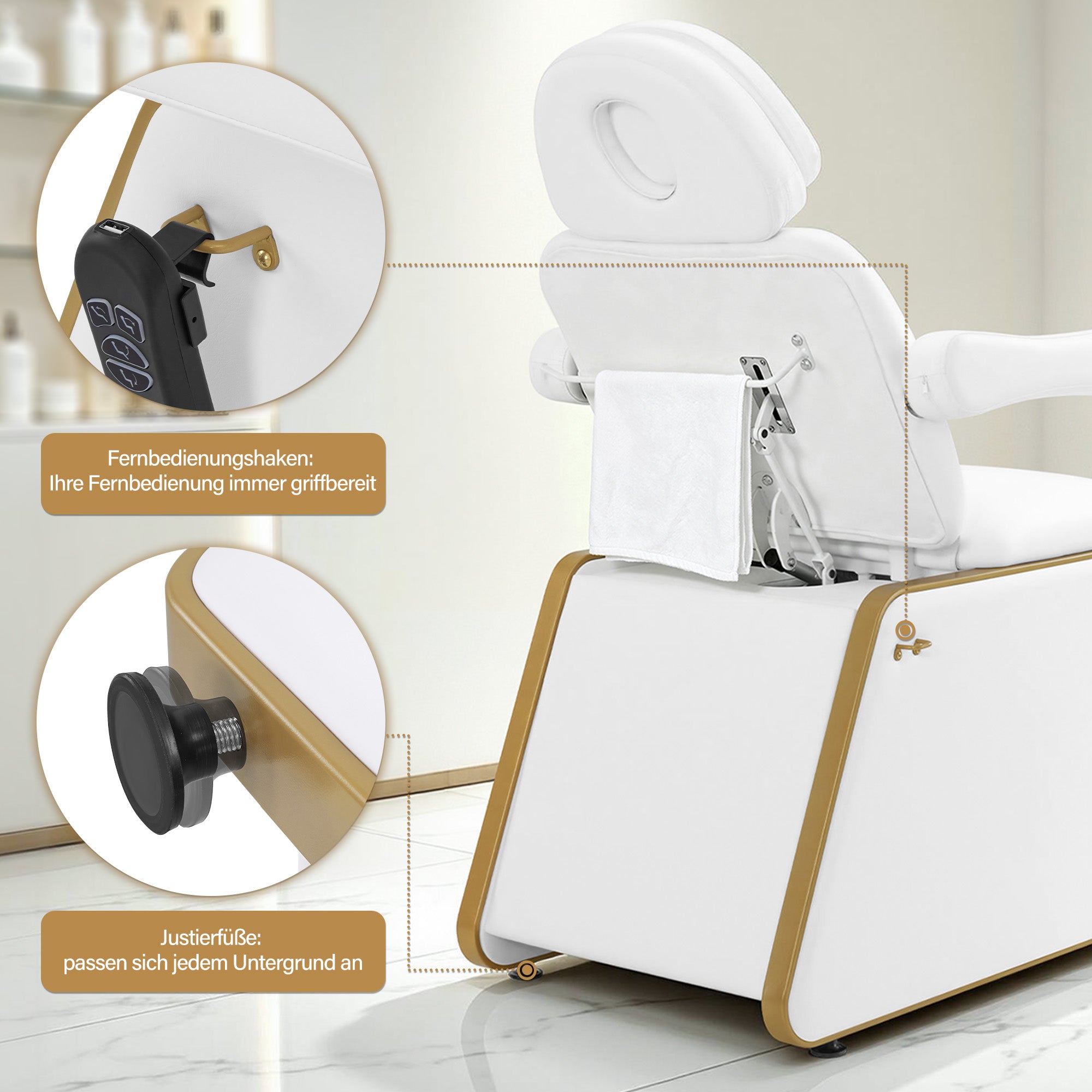 BarberPub Kosmetikliege Elektrisch mit 2 Motoren, Kopfstütze 16 cm ausziehbar, 180° Drehbare Armlehnen, Massageliege 80cm breit, Tattoo Liege für SPA Salon 0739 (Weiß/Kunstleder)