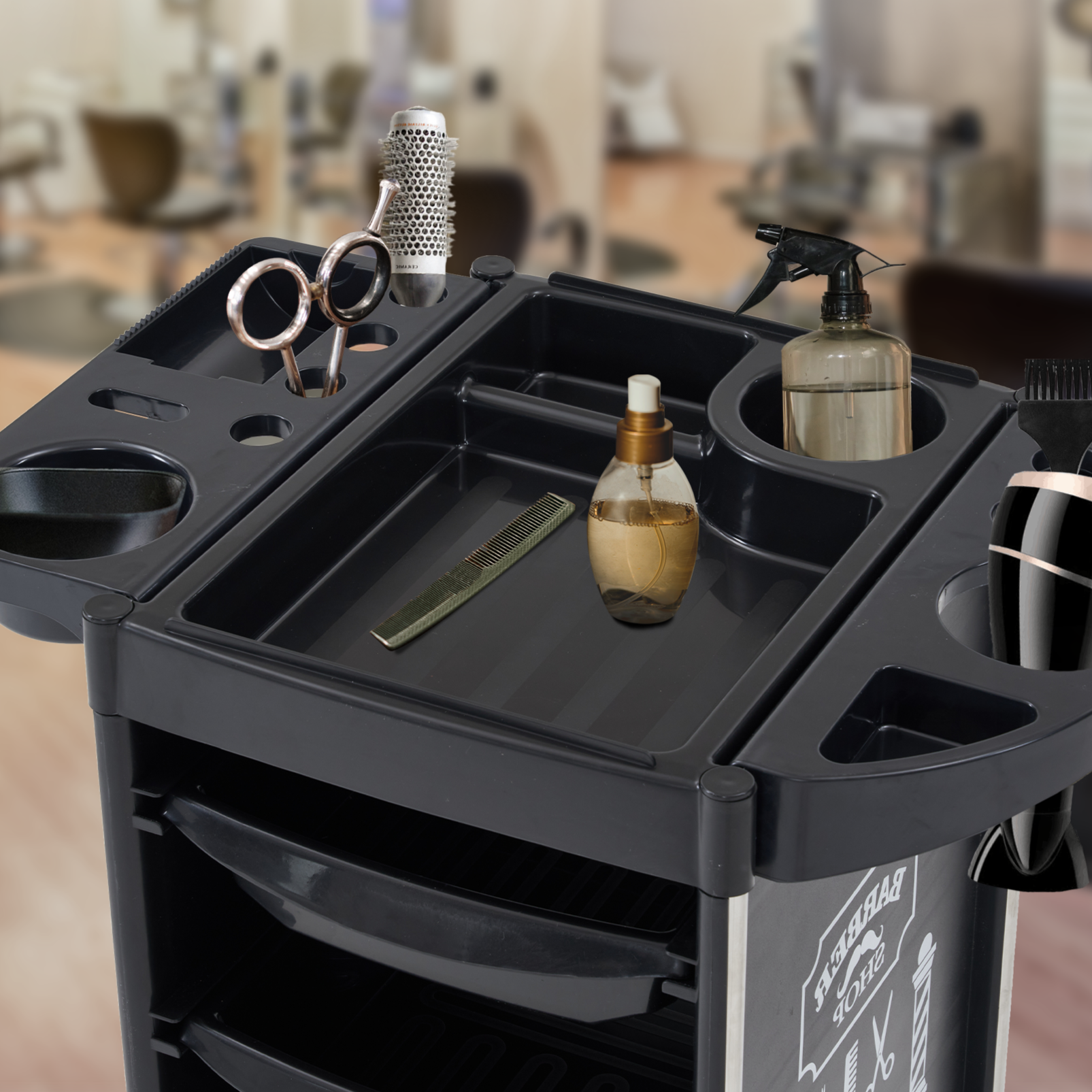 Barberpub Hairdressing Trolley with 4 Drawers and Wheels, Service Cart, Rotating Hairdresser Work Cart, Beauty Salon Trolley, Stacking Trolley, Hairdresser Accessories, 36 x 52.5 x 84.5 cm, 2023BK-N (Black)