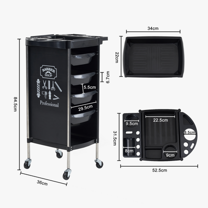 Barberpub Hairdressing Trolley with 4 Drawers and Wheels, Service Cart, Rotating Hairdresser Work Cart, Beauty Salon Trolley, Stacking Trolley, Hairdresser Accessories, 36 x 52.5 x 84.5 cm, 2023BK-N (Black)