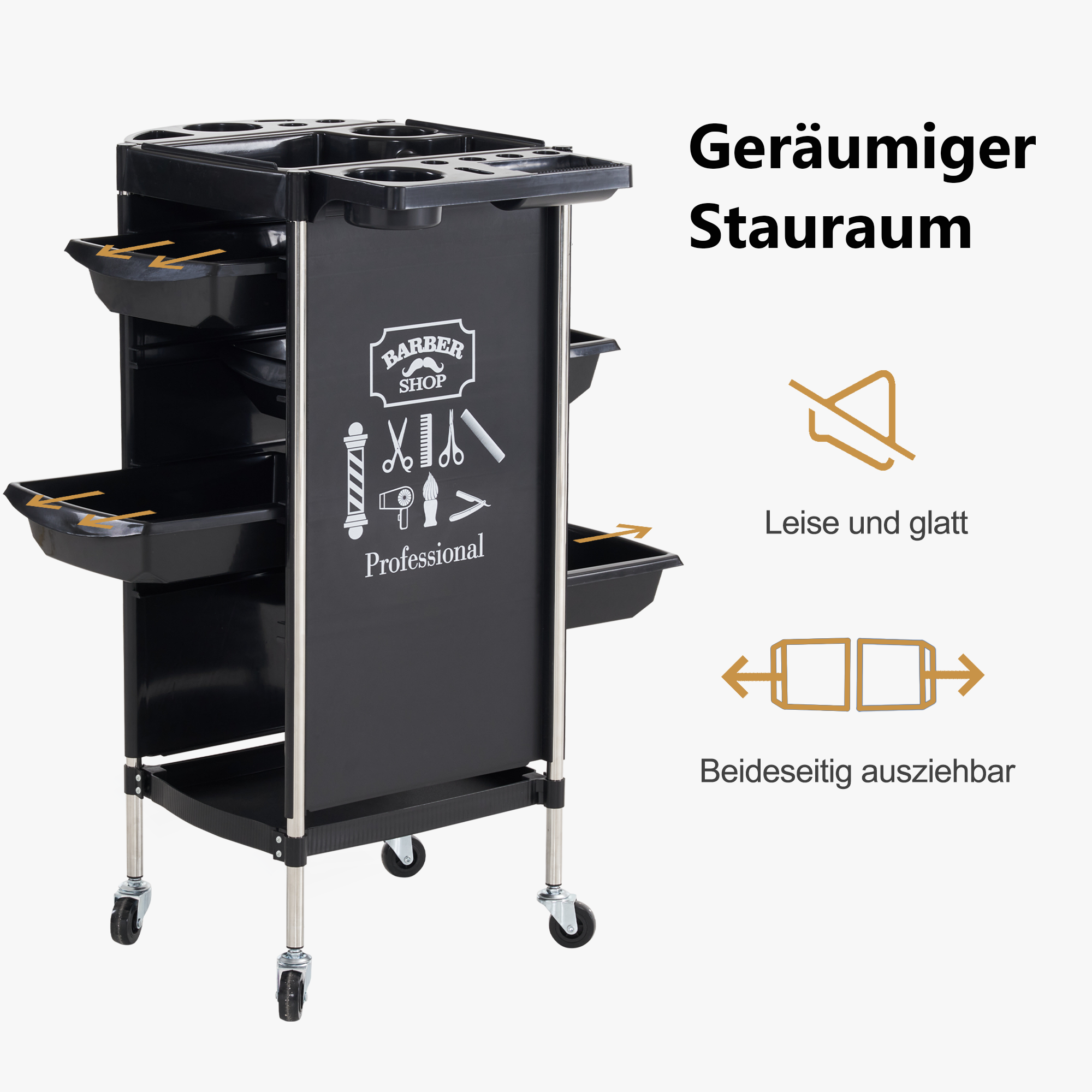 Barberpub Hairdressing Trolley with 4 Drawers and Wheels, Service Cart, Rotating Hairdresser Work Cart, Beauty Salon Trolley, Stacking Trolley, Hairdresser Accessories, 36 x 52.5 x 84.5 cm, 2023BK-N (Black)
