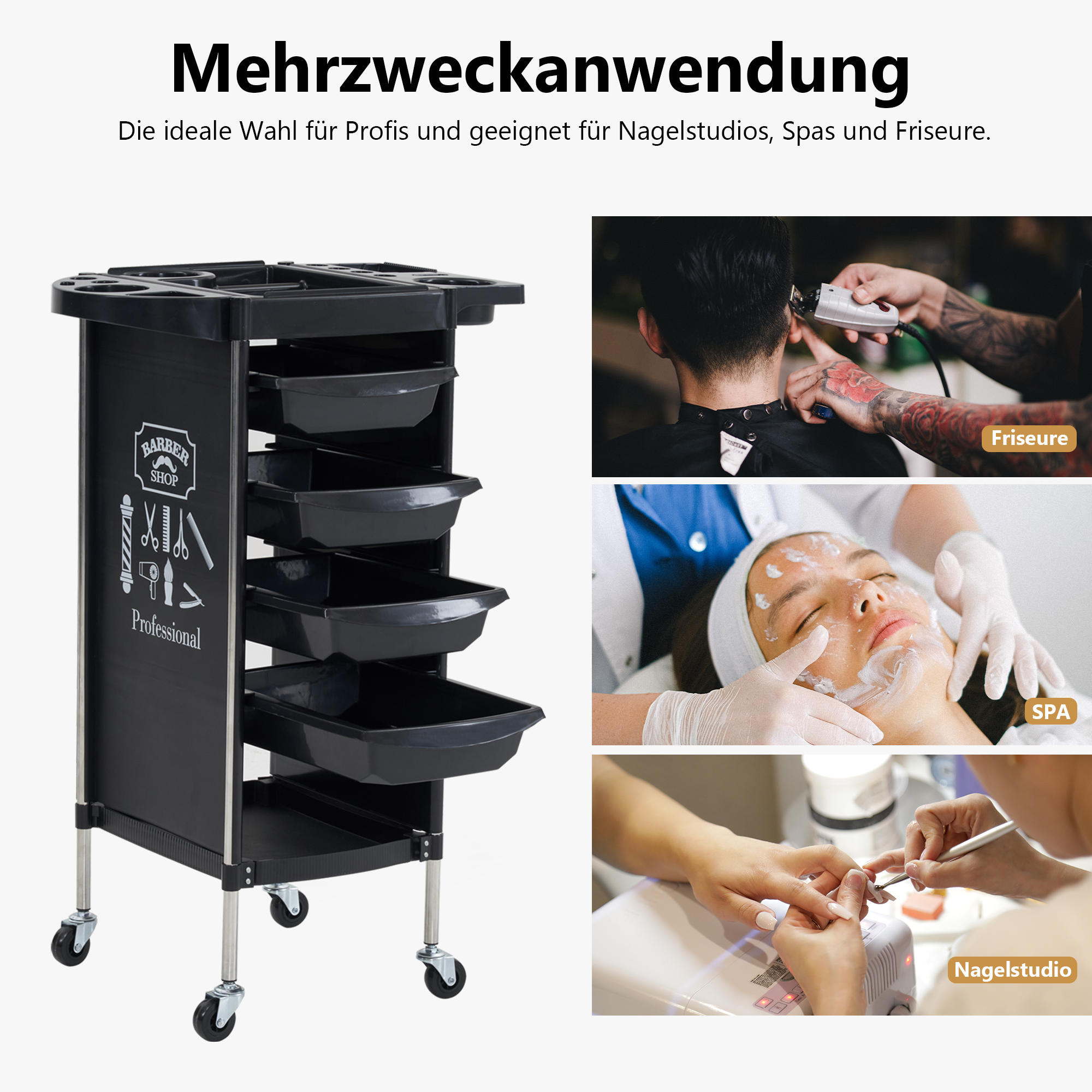Barberpub Hairdressing Trolley with 4 Drawers and Wheels, Service Cart, Rotating Hairdresser Work Cart, Beauty Salon Trolley, Stacking Trolley, Hairdresser Accessories, 36 x 52.5 x 84.5 cm, 2023BK-N (Black)