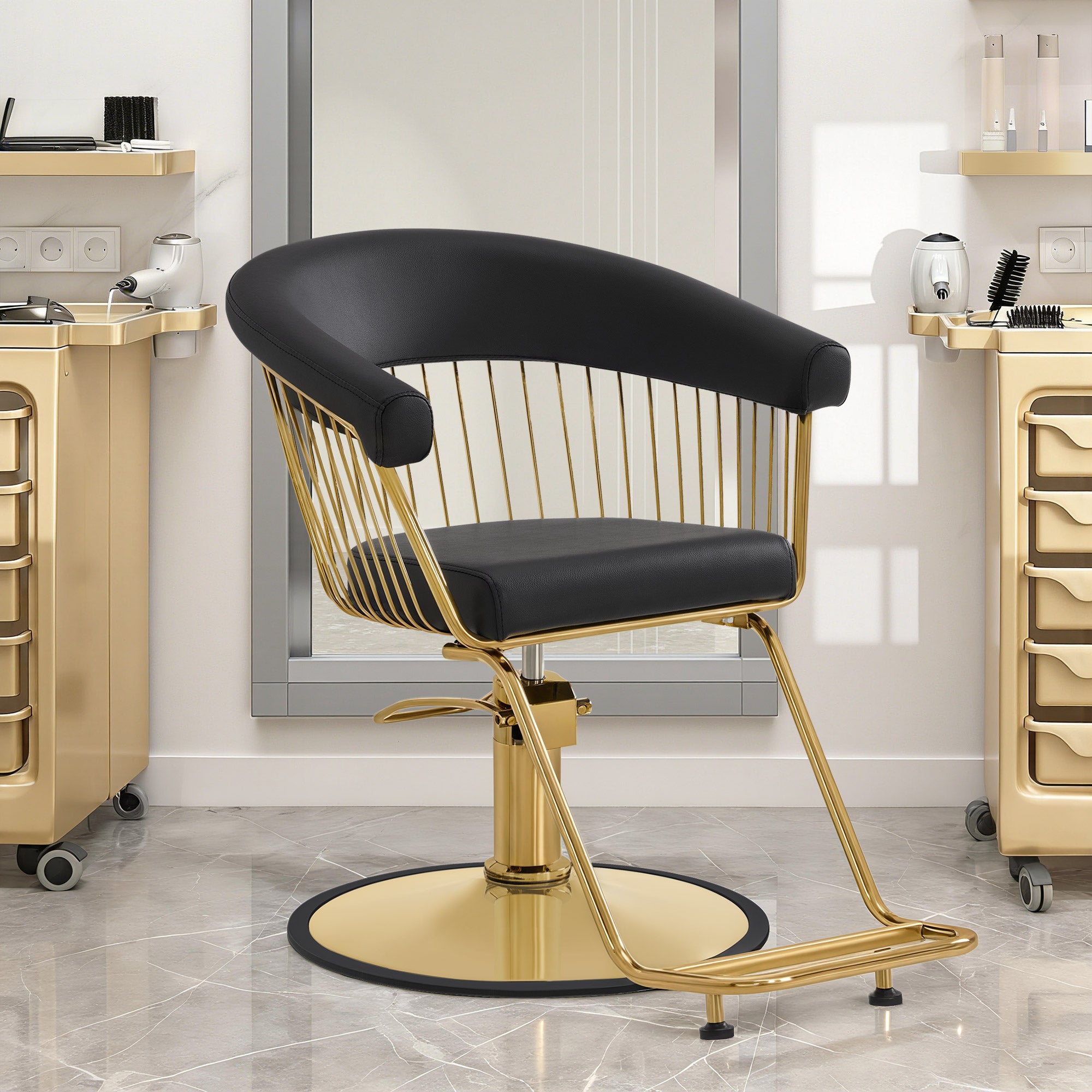 Fauteuil de barbier BarberPub, réglable en hauteur (13 cm) et pivotant à 360°, fauteuil de barbier hydraulique, équipement de barbier, fauteuil de barbier en similicuir, fauteuil de salon, or et noir, 2053