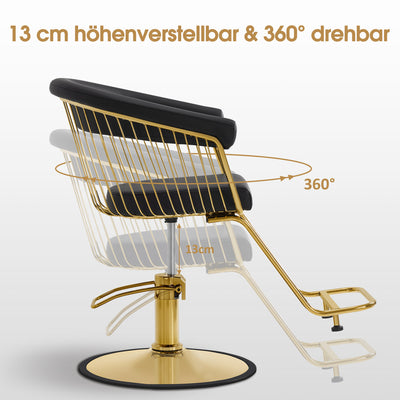 BarberPub poltrona da barbiere regolabile in altezza di 13 cm e girevole a 360°, poltrona da parrucchiere idraulica, arredamento per parrucchieri e barbieri, poltrona da barbiere in ecopelle, sedia da lavoro per salone di parrucchiere, oro-nero, 2053
