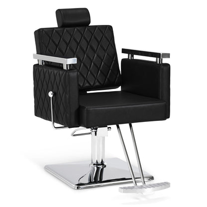 Fauteuil de barbier BarberPub avec appui-tête inclinable, avec pompe hydraulique, pivotant à 360°, hauteur réglable, cuir synthétique PVC, 2073 (Noir)