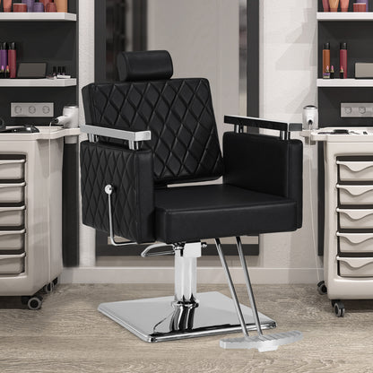 Fauteuil de barbier BarberPub avec appui-tête inclinable, avec pompe hydraulique, pivotant à 360°, hauteur réglable, cuir synthétique PVC, 2073 (Noir)