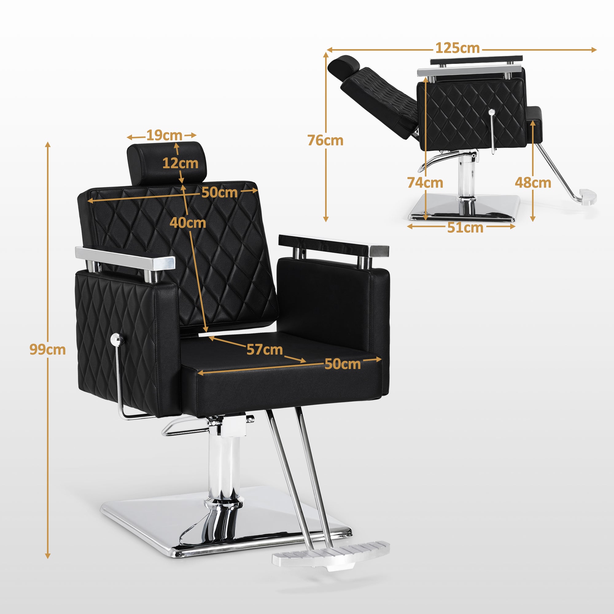 Fauteuil de barbier BarberPub avec appui-tête inclinable, avec pompe hydraulique, pivotant à 360°, hauteur réglable, cuir synthétique PVC, 2073 (Noir)
