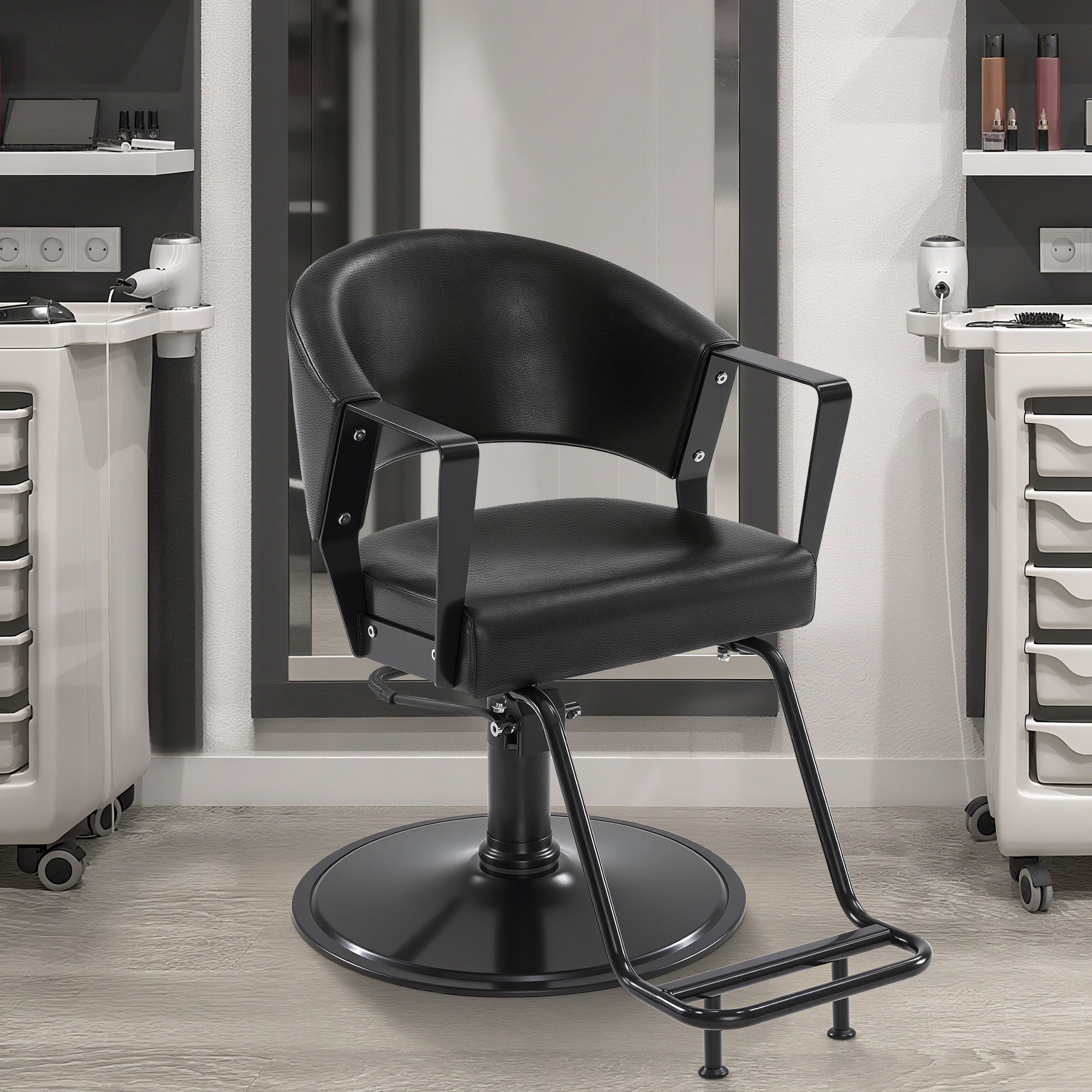 Fauteuil de barbier BarberPub avec pompe hydraulique, pivotant à 360°, réglable en hauteur, en similicuir PVC moderne, 2083 (noir)