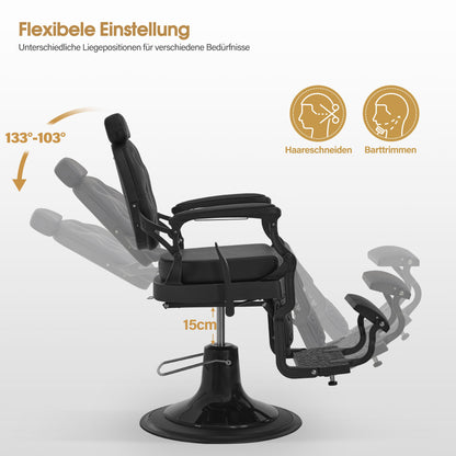 Fauteuil de barbier BarberPub avec appui-tête inclinable, équipement de coiffure avec pompe hydraulique rotative à 360°, chaise de coiffure réglable en hauteur de style vintage, chaise de barbier en cuir synthétique, 2933-F