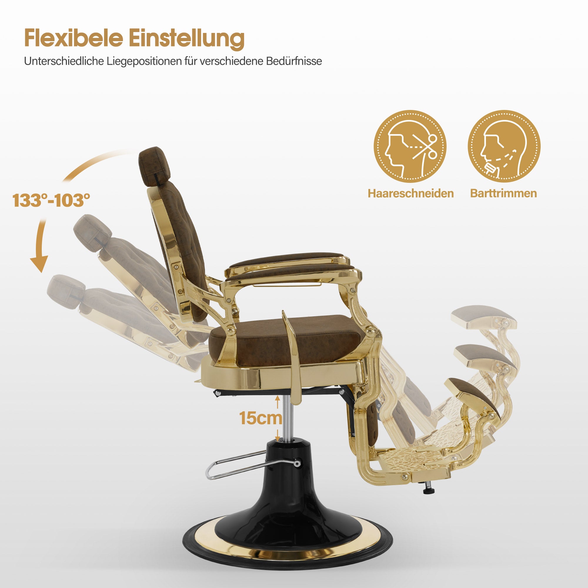 Fauteuil de barbier BarberPub avec appui-tête inclinable, équipement de coiffure avec pompe hydraulique rotative à 360°, chaise de coiffure réglable en hauteur de style vintage, chaise de barbier en cuir synthétique, 2933-F