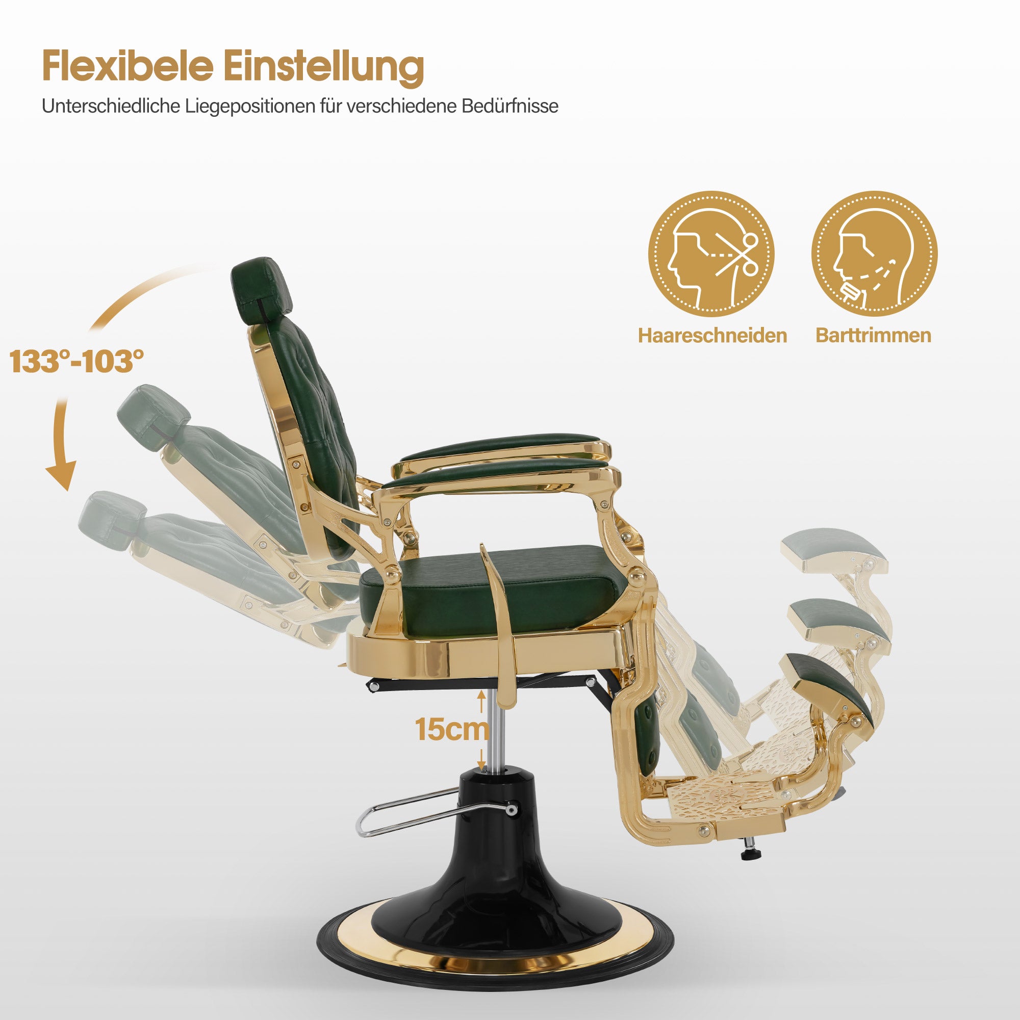 Fauteuil de barbier BarberPub avec appui-tête inclinable, équipement de coiffure avec pompe hydraulique rotative à 360°, chaise de coiffure réglable en hauteur de style vintage, chaise de barbier en cuir synthétique, 2933-F