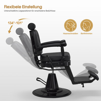 Barberpub Friseurstuhl mit Kopfstütze Kippbar, Friseureinrichtung mit Hydraulikpumpe 360° Drehbar, Höhenverstellbarer Bedienungsstuhl mit Vintage Stil, Barber Stuhl Kunstleder, 2952 (Schwarz)