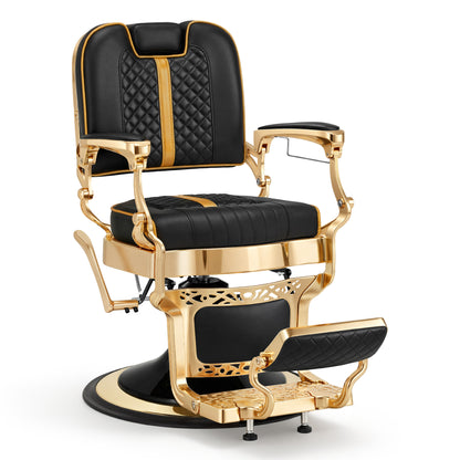 Barberpub Friseurstuhl mit Kopfstütze Kippbar, Friseureinrichtung mit Hydraulikpumpe 360° Drehbar, Höhenverstellbarer Bedienungsstuhl mit Vintage Stil, Barber Stuhl Kunstleder, 2965 (Gold-Schwarz)