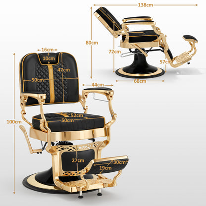 Barberpub Friseurstuhl mit Kopfstütze Kippbar, Friseureinrichtung mit Hydraulikpumpe 360° Drehbar, Höhenverstellbarer Bedienungsstuhl mit Vintage Stil, Barber Stuhl Kunstleder, 2965 (Gold-Schwarz)