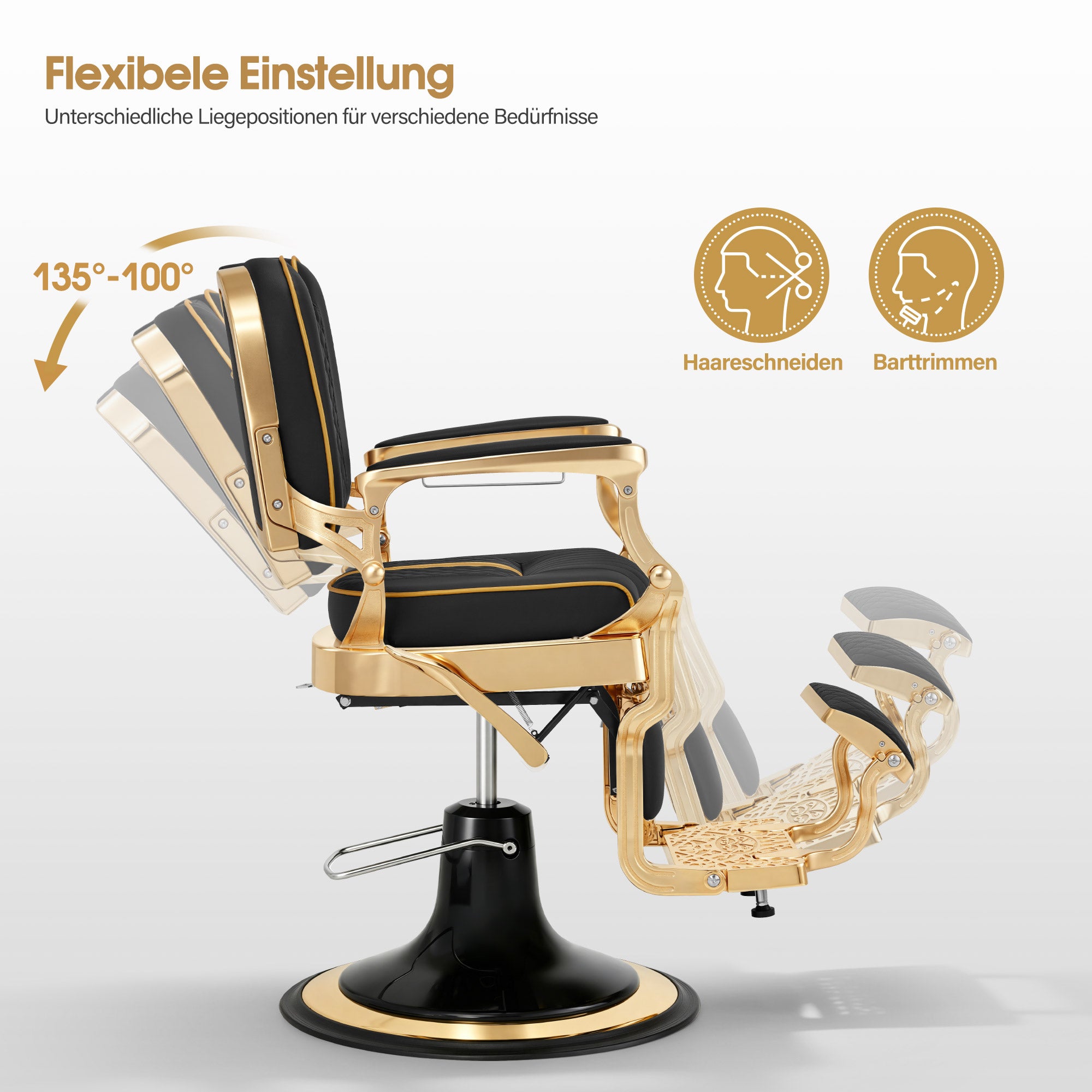 Barberpub Friseurstuhl mit Kopfstütze Kippbar, Friseureinrichtung mit Hydraulikpumpe 360° Drehbar, Höhenverstellbarer Bedienungsstuhl mit Vintage Stil, Barber Stuhl Kunstleder, 2965 (Gold-Schwarz)