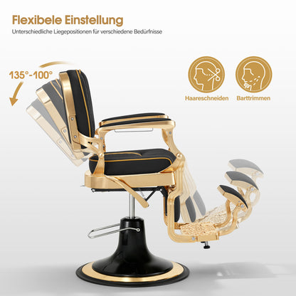 Barberpub Friseurstuhl mit Kopfstütze Kippbar, Friseureinrichtung mit Hydraulikpumpe 360° Drehbar, Höhenverstellbarer Bedienungsstuhl mit Vintage Stil, Barber Stuhl Kunstleder, 2965 (Gold-Schwarz)
