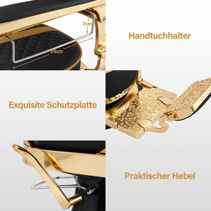 Barberpub Friseurstuhl mit Kopfstütze Kippbar, Friseureinrichtung mit Hydraulikpumpe 360° Drehbar, Höhenverstellbarer Bedienungsstuhl mit Vintage Stil, Barber Stuhl Kunstleder, 2965 (Gold-Schwarz)