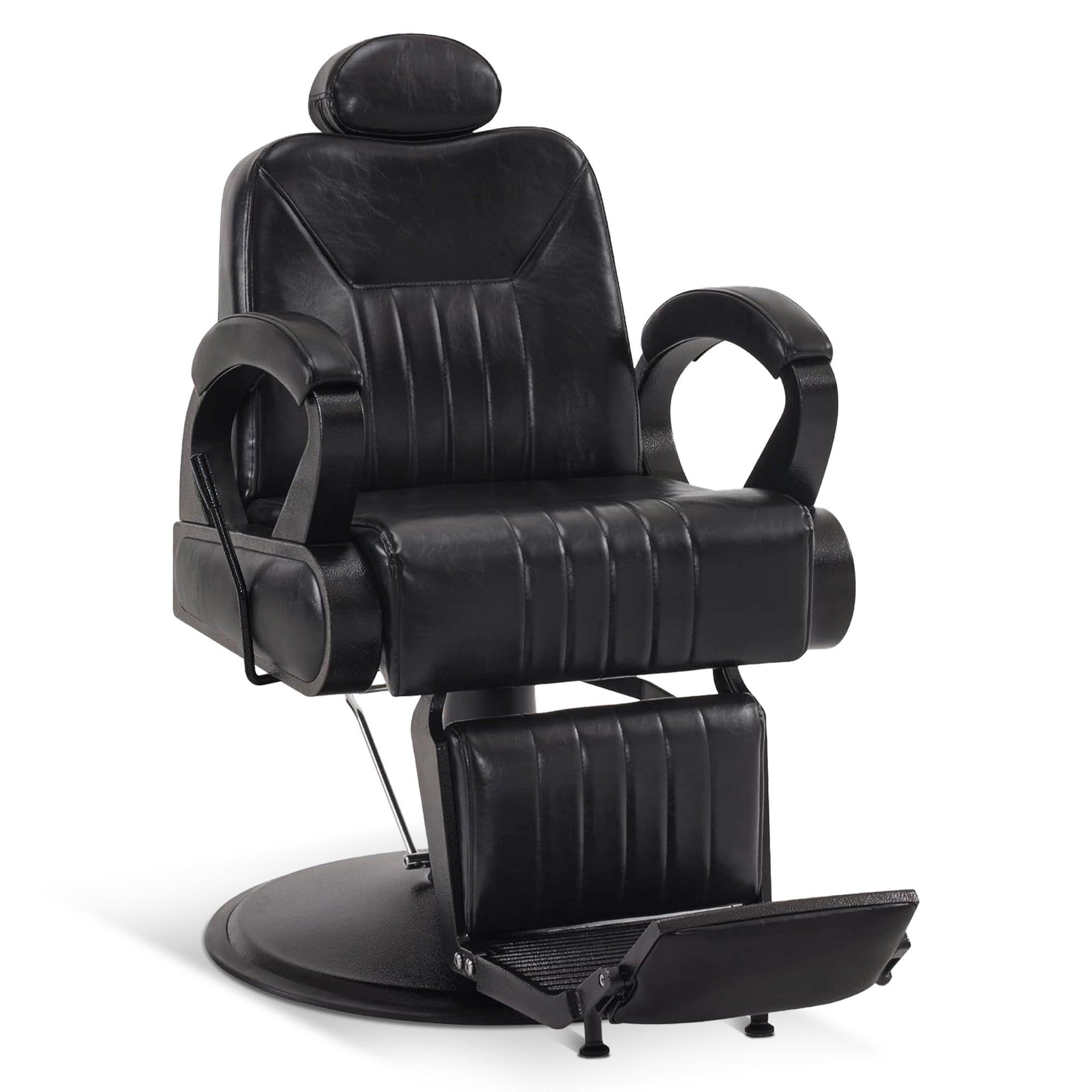 Fauteuil de barbier BarberPub avec appui-tête inclinable, équipement de coiffure avec pompe hydraulique, pivotant à 360°, hauteur réglable, cuir synthétique 3851 (noir)