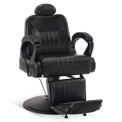 Sillón de peluquería BarberPub reclinable con reposacabezas, mobiliario de peluquería con bomba hidráulica giratorio 360°, silla de servicio regulable en altura, sillón de barbero de piel sintética 3851 (negro)