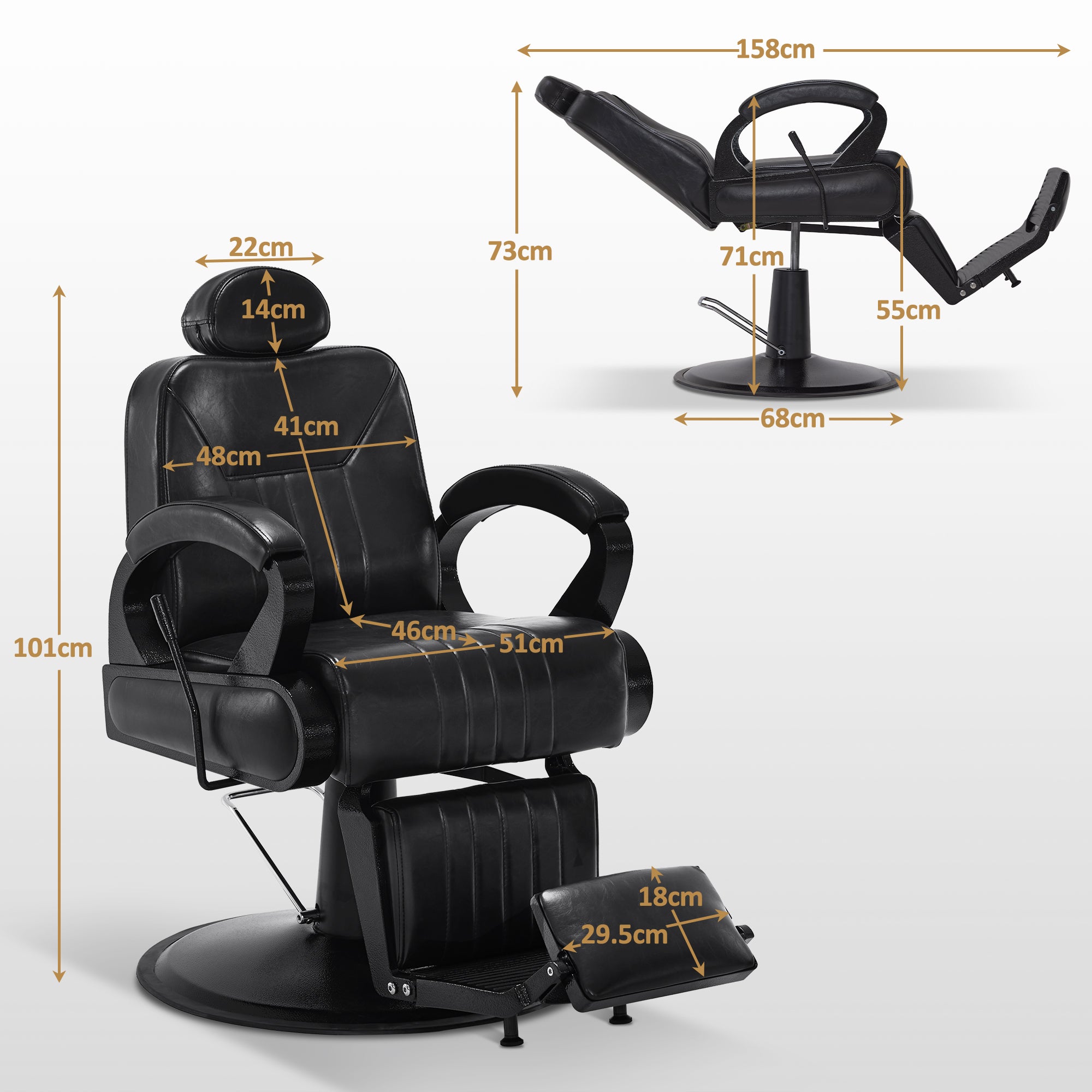 Fauteuil de barbier BarberPub avec appui-tête inclinable, équipement de coiffure avec pompe hydraulique, pivotant à 360°, hauteur réglable, cuir synthétique 3851 (noir)